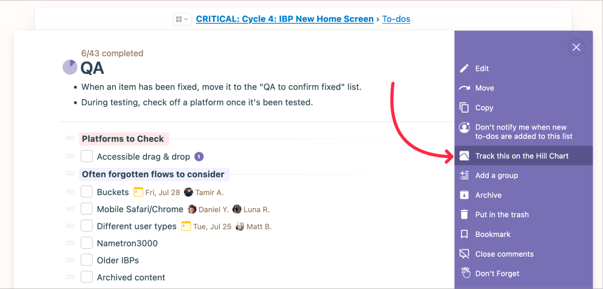 Screenshot showing how to access the hill chart in Basecamp