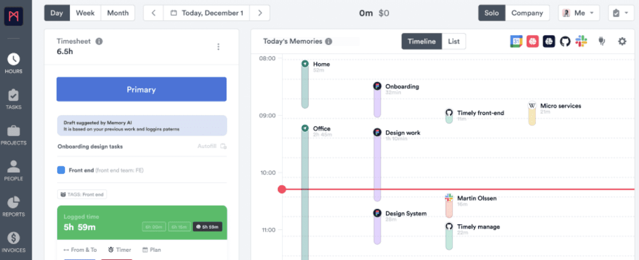 Automatic time tracking in Timely