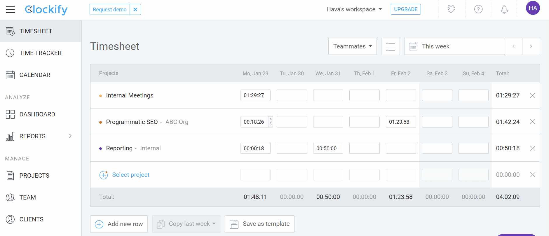 Clockify timesheets