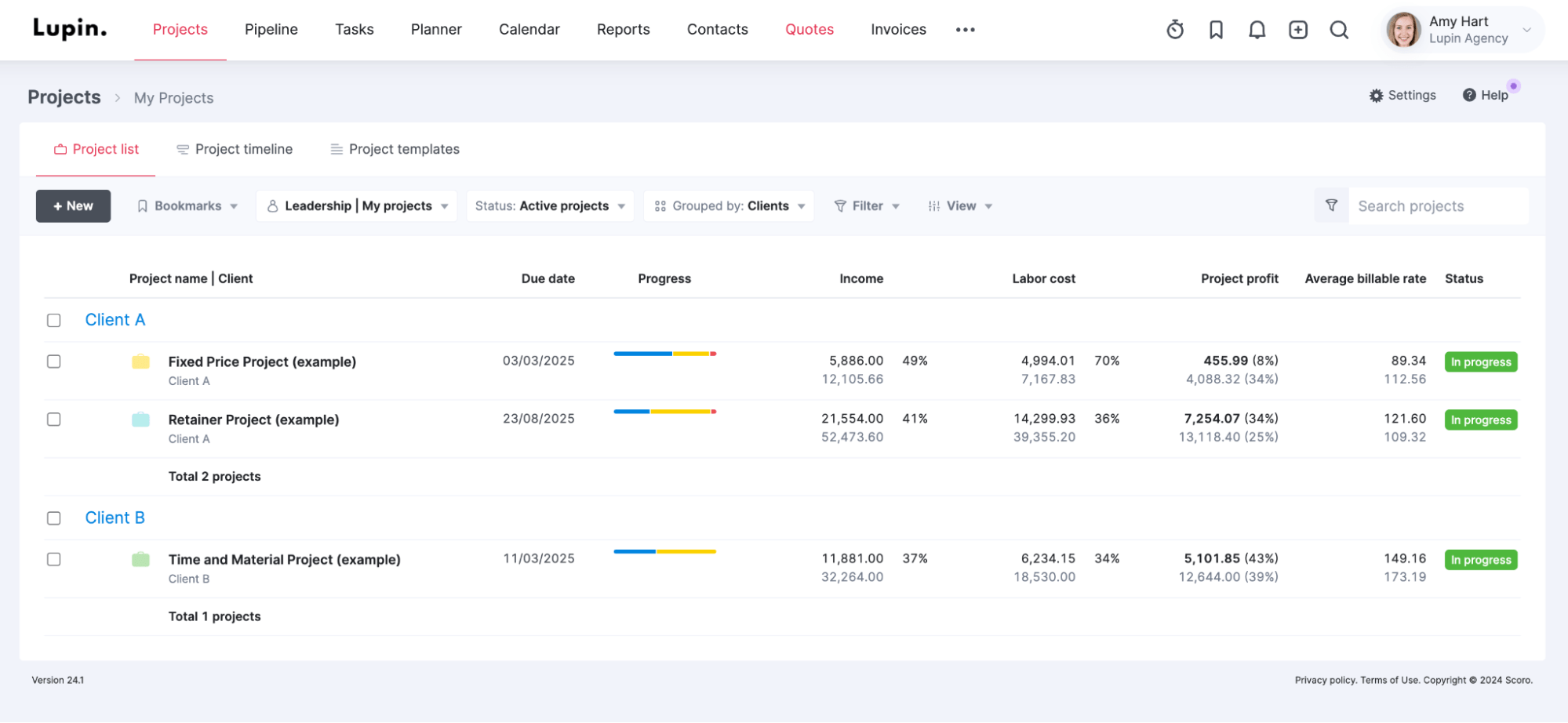 Default project list view in Scoro