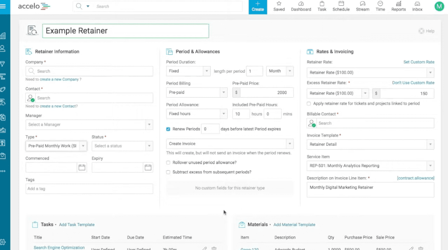 Example retainer in Accelo