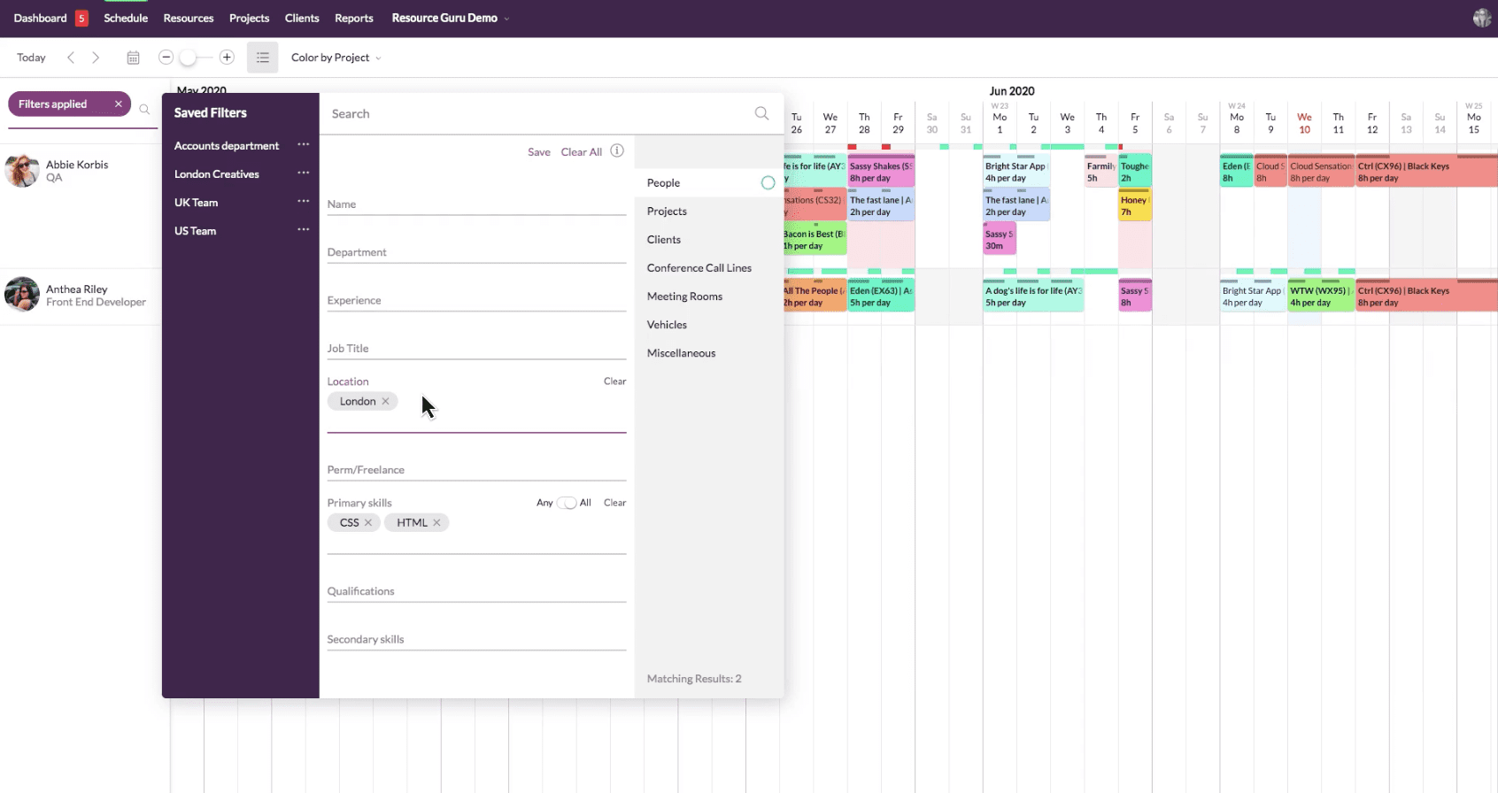 Filtering options on the schedule view in Resource Guru