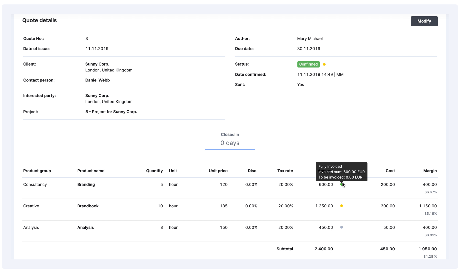 Partially billed invoice example in Scoro