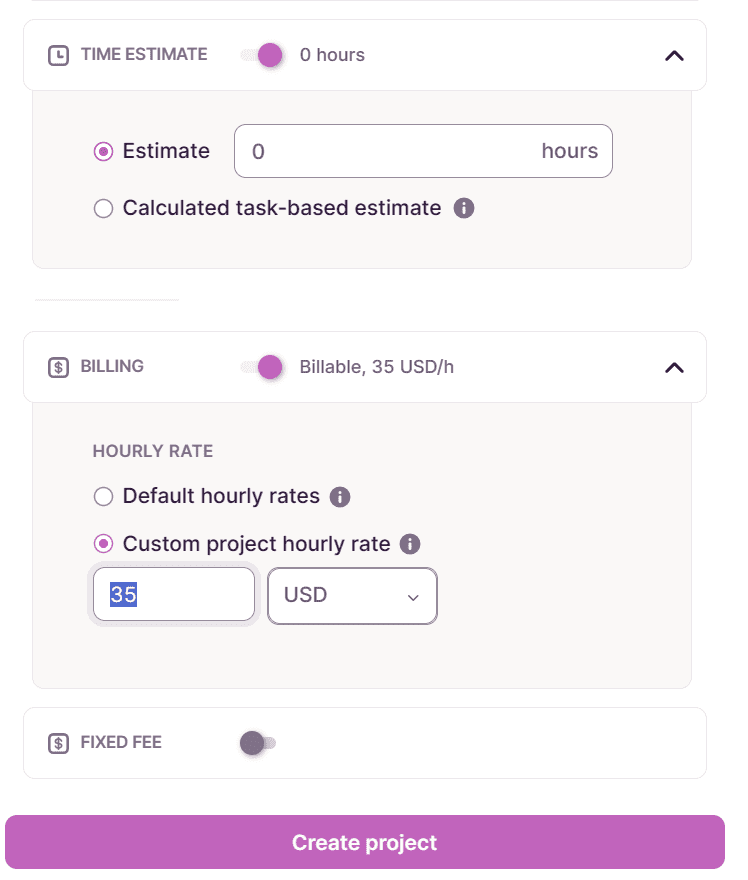 Project billing rates in Toggl Track