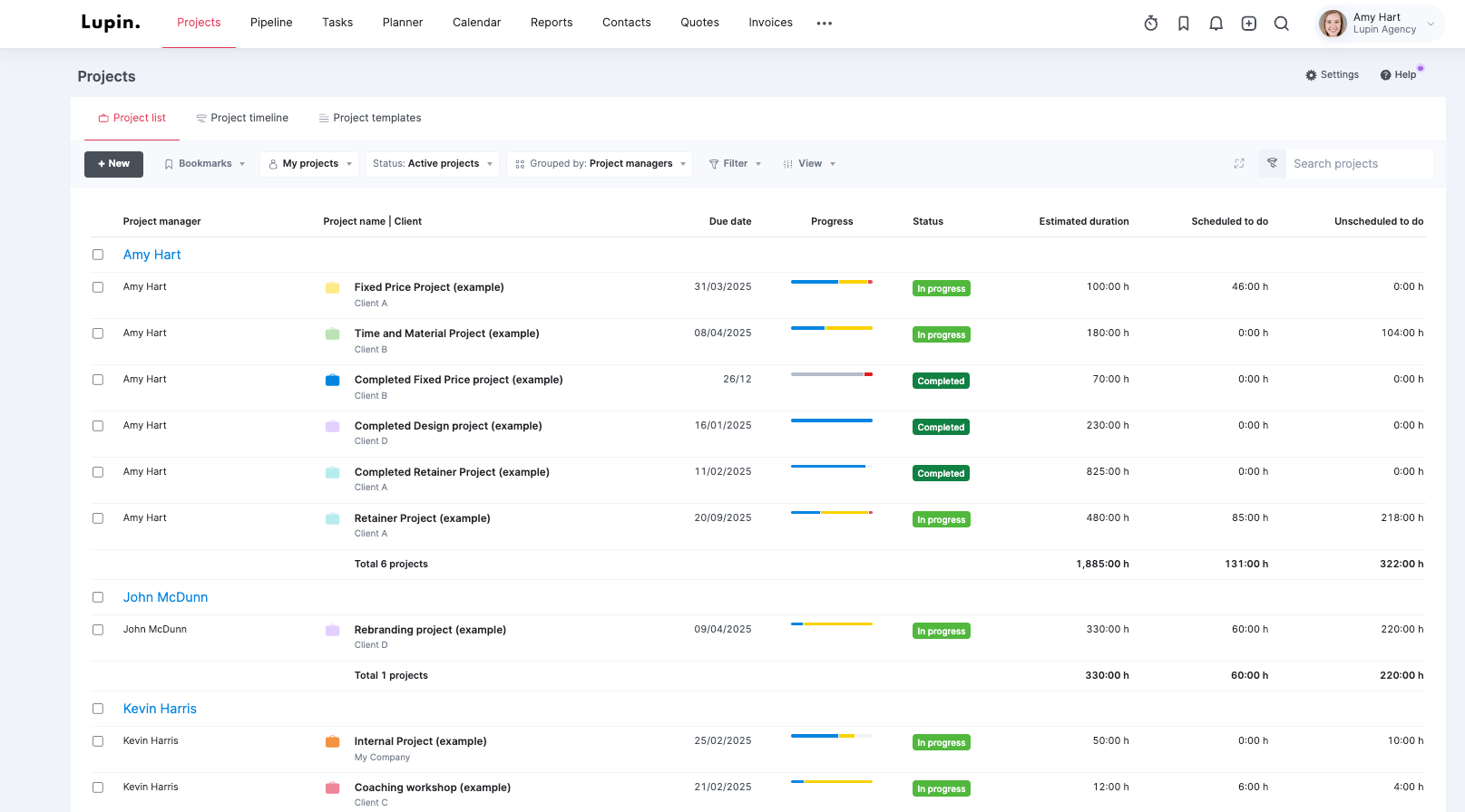 Project list view in Scoro grouped my project managers