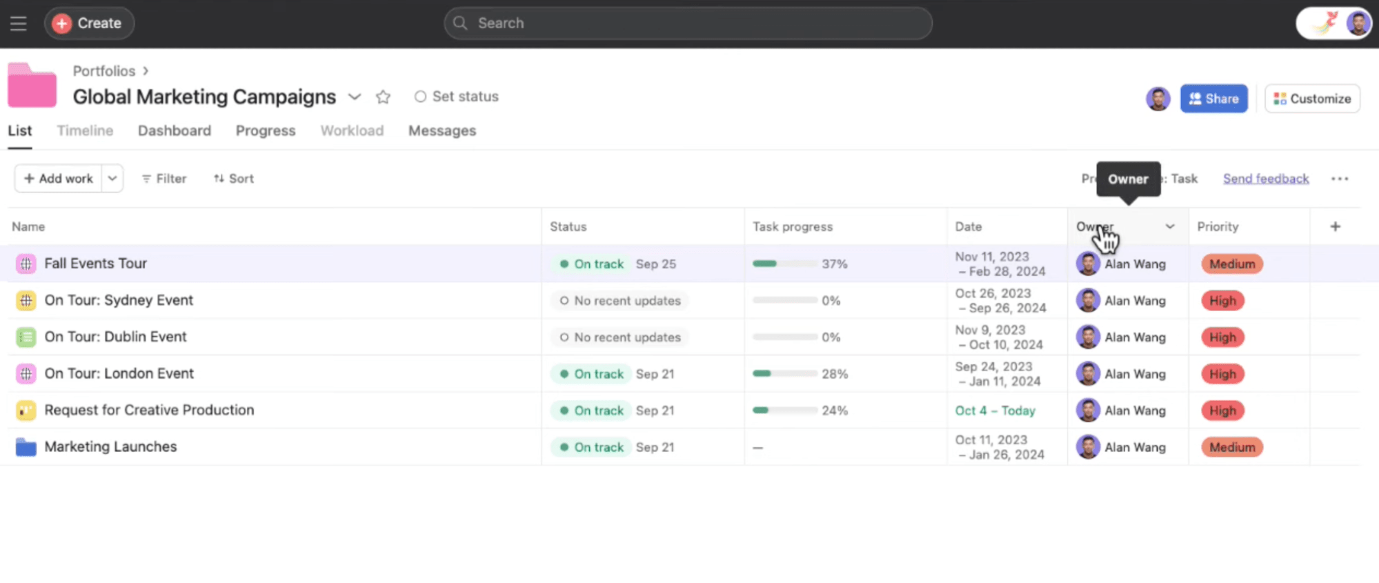 Project portfolio dashboard in Asana