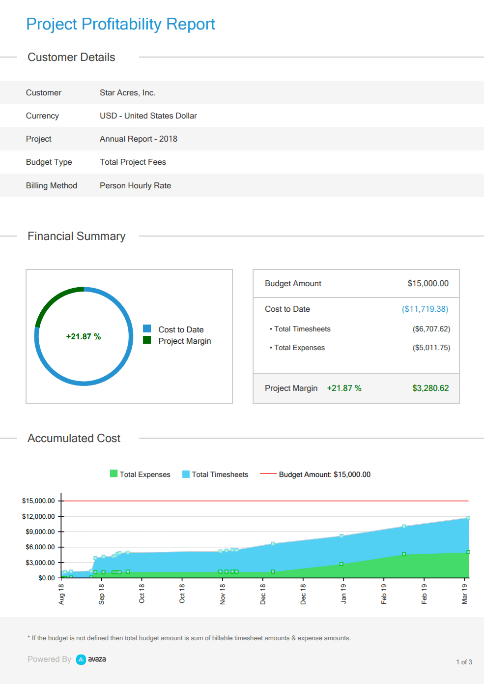 Project profitability report in Avaza