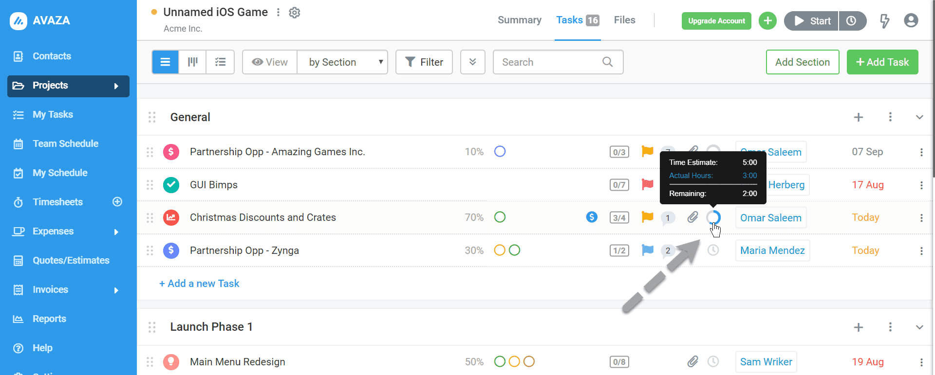 Project time tracking in Avaza