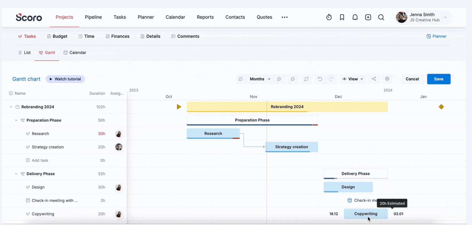 Project view in Scoro with timeline