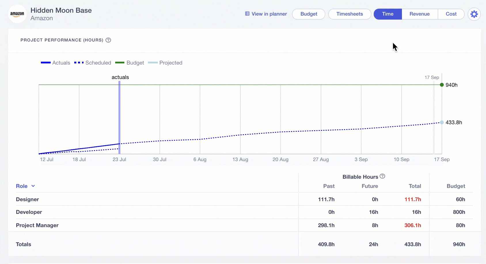 Runn gif showing project performance (costs)