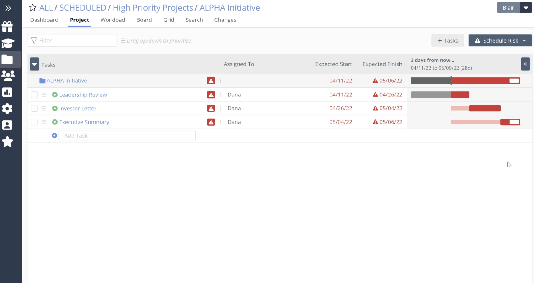 Scheduled risk view in Liquid Planner