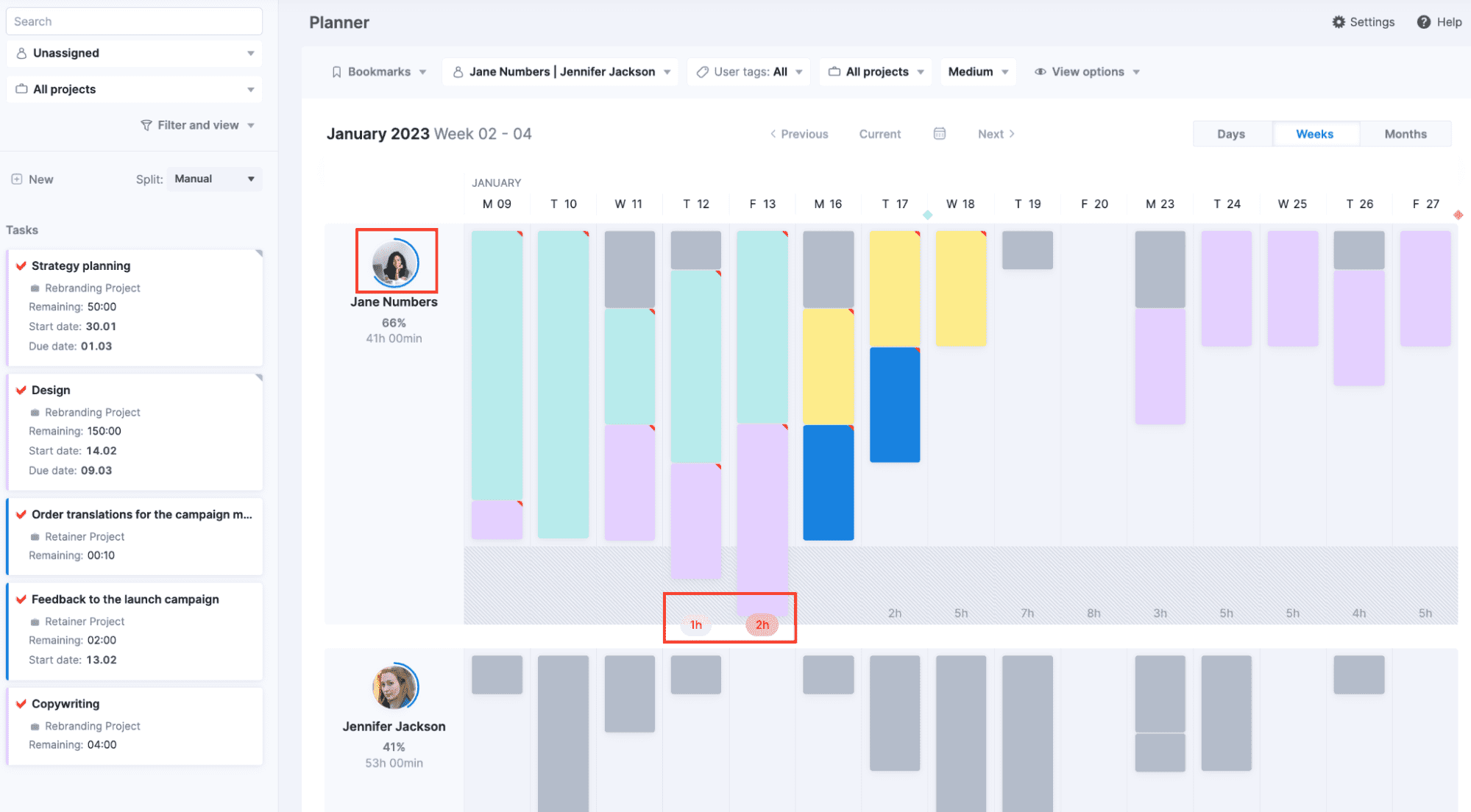 Scoro Planner showing team capacity percentages