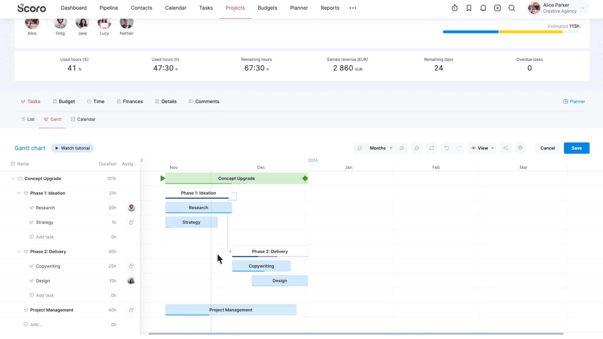 Screenshot showing Gantt chart view in Scoro