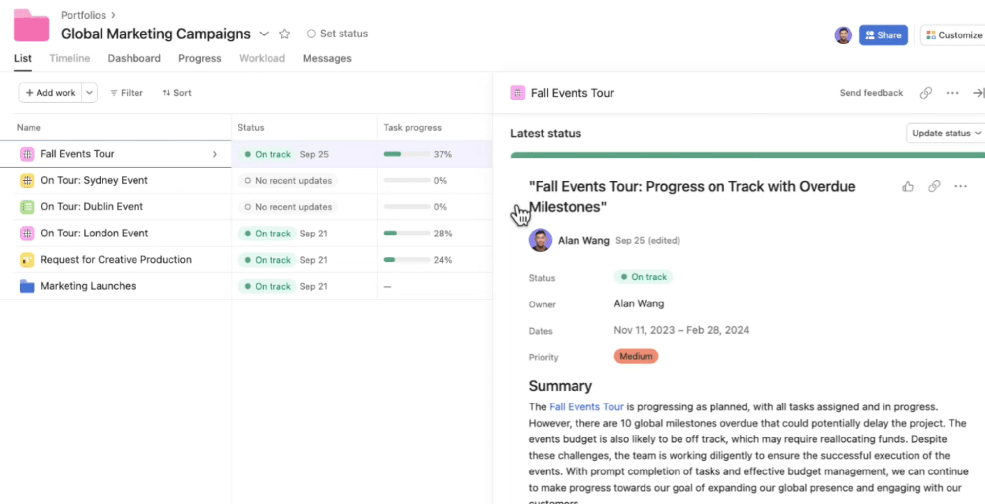 Status updates for a project in Asana