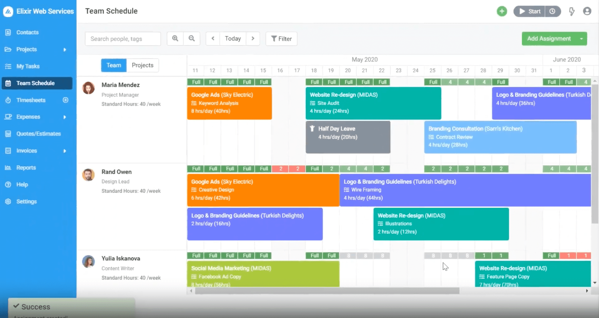 Team schedule in Avaza