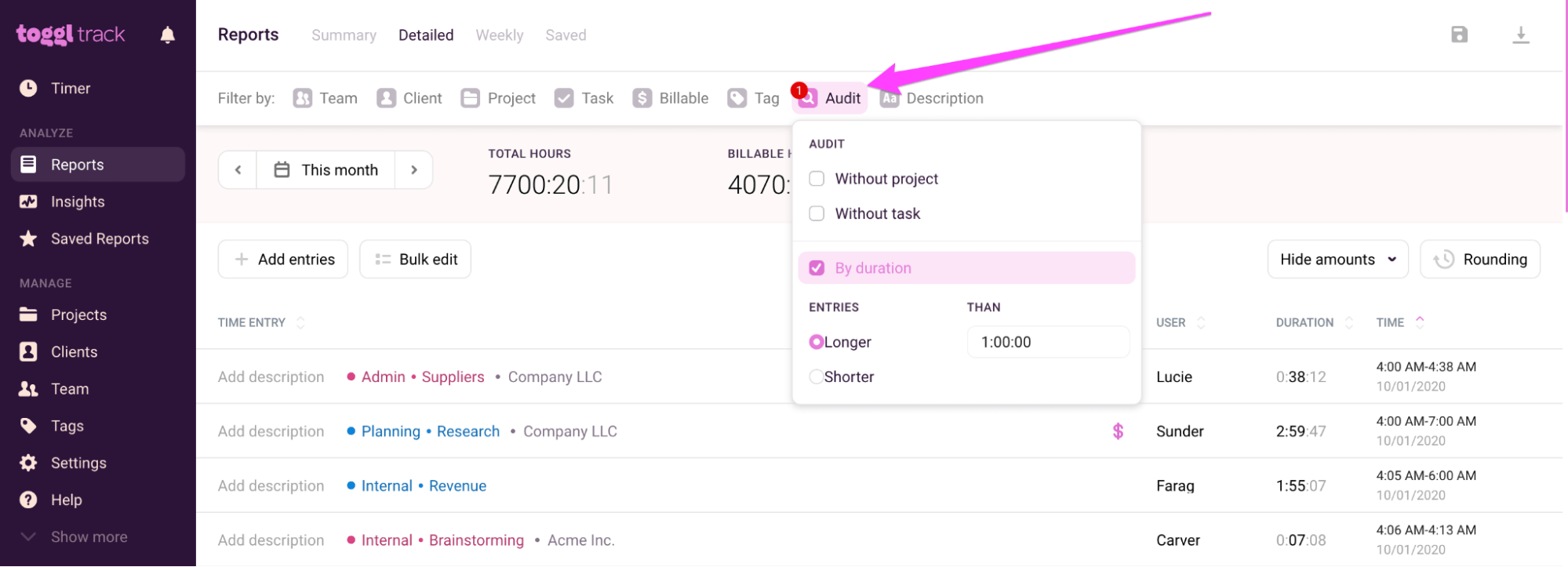 Time audit feature in Toggl Track