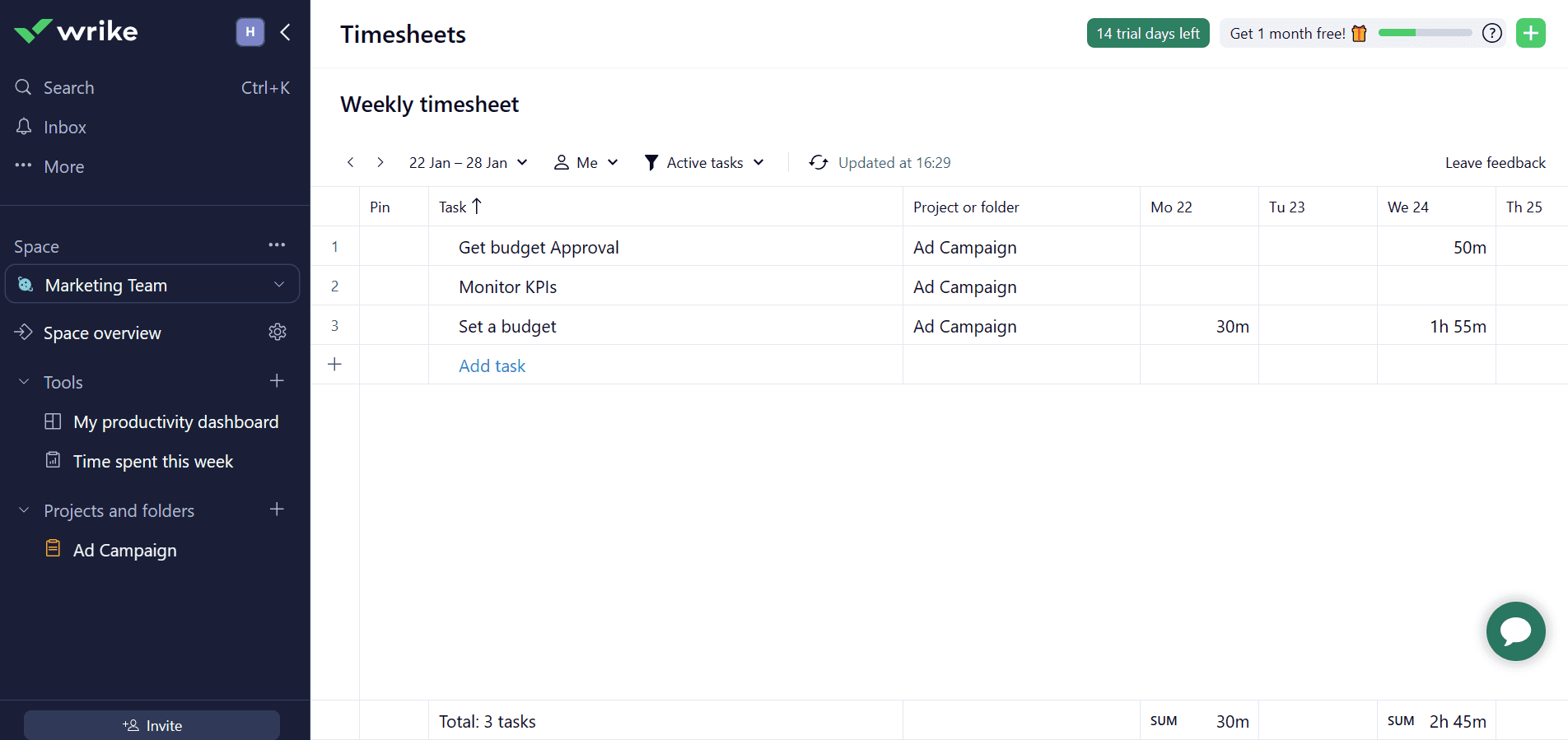 Weekly timesheet in Wrike