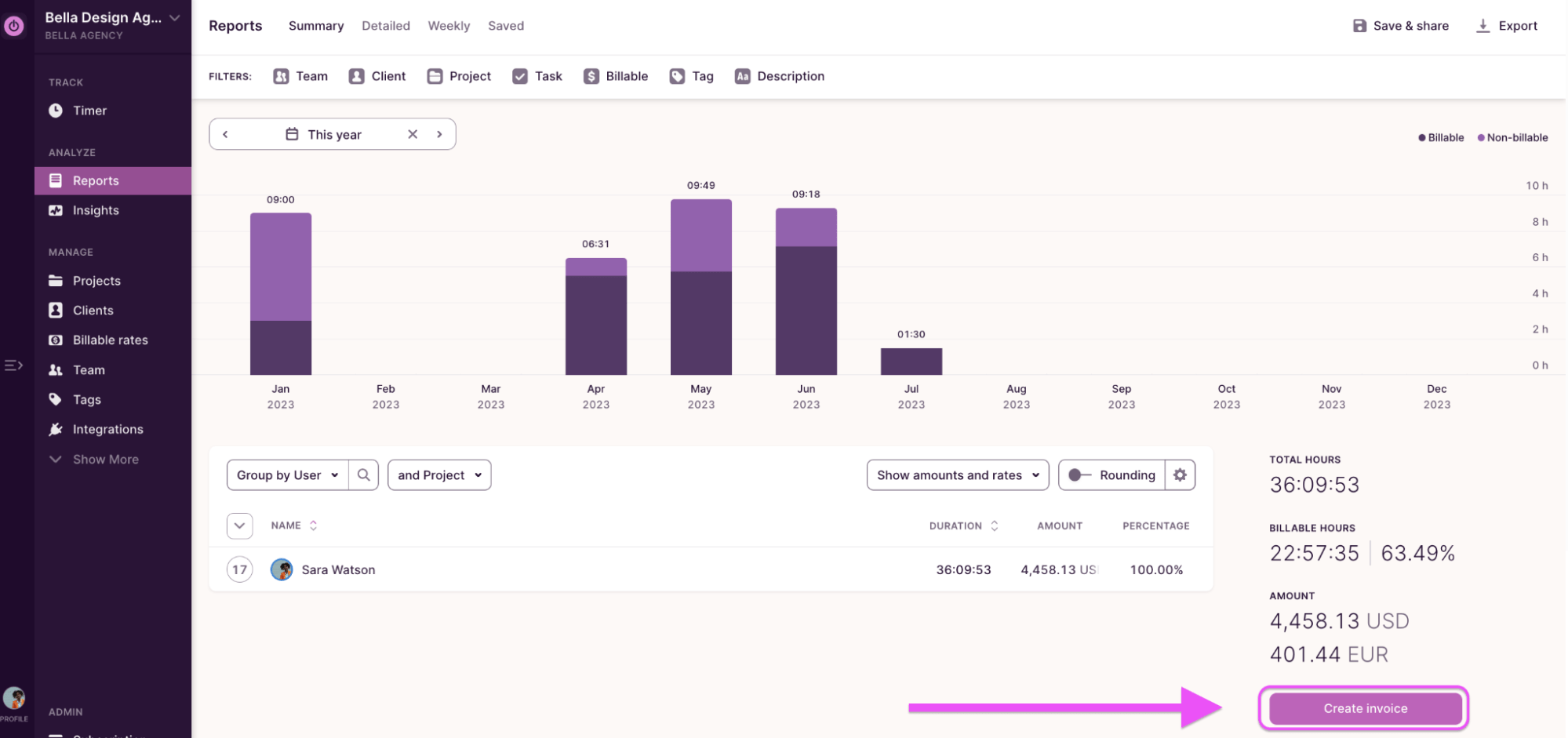 creating an invoice from time entries in Toggl Track