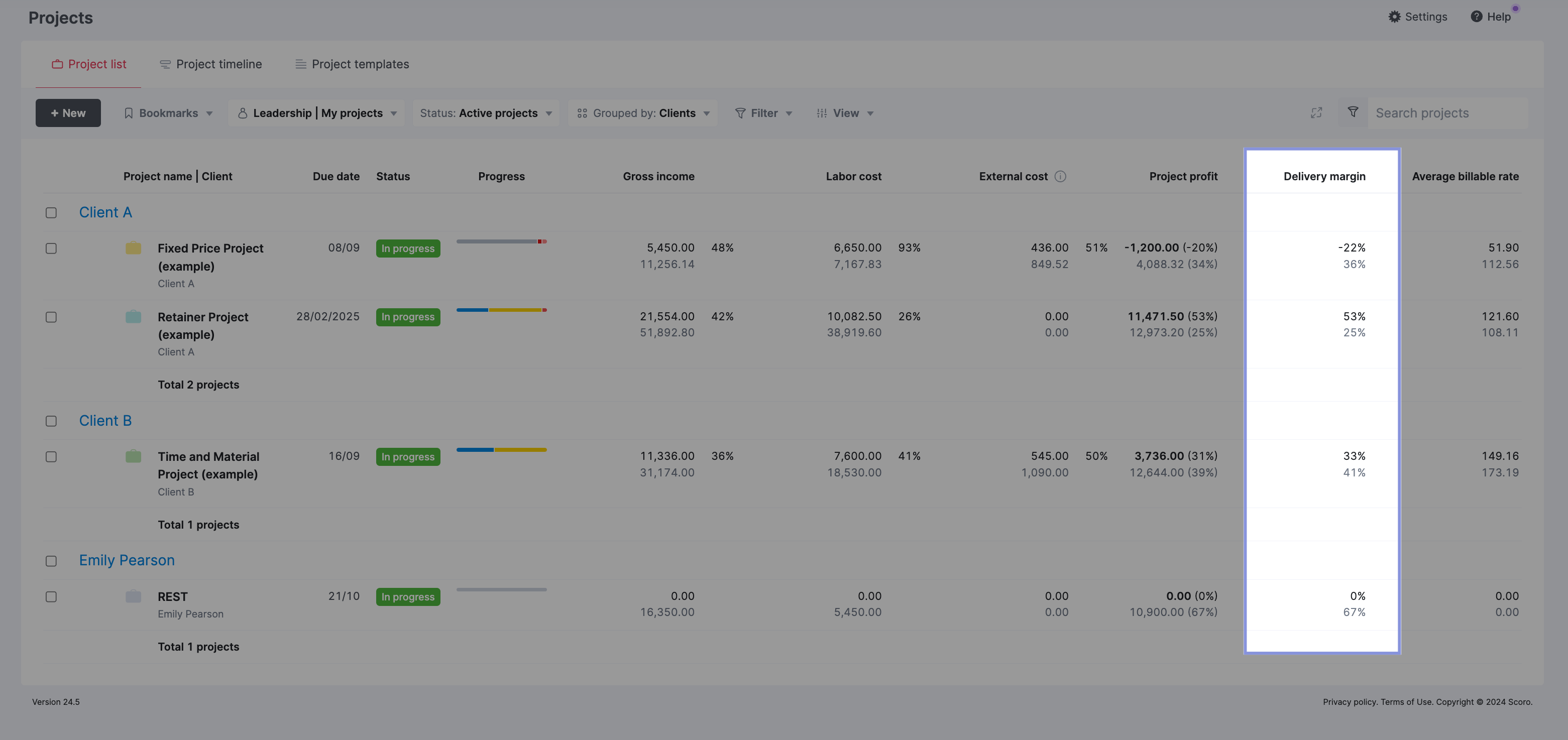Project list view showing delivery margin in Scoro